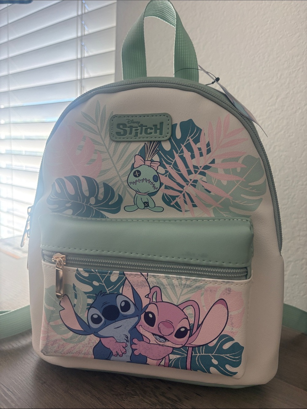 Bioworld Mint Green Stitch Mini Backpack with Pastel Tropical Print